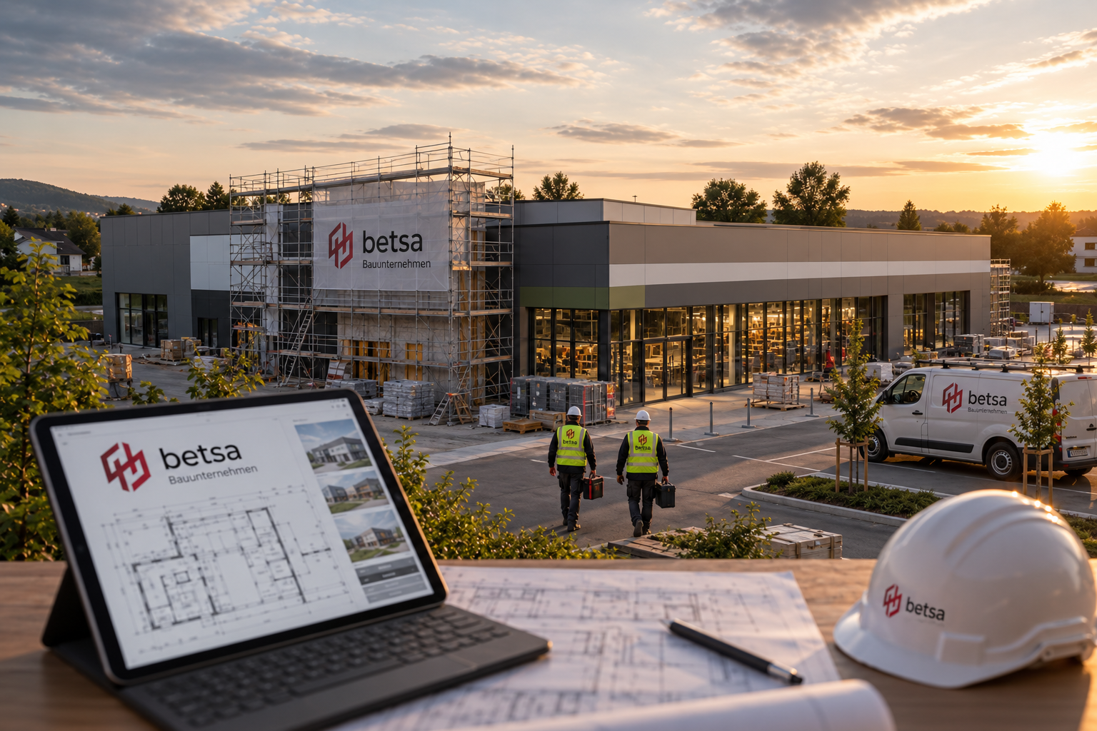 Betsa-Baustelle eines Gewerbegebäudes im Abendlicht mit Bauplänen im Vordergrund